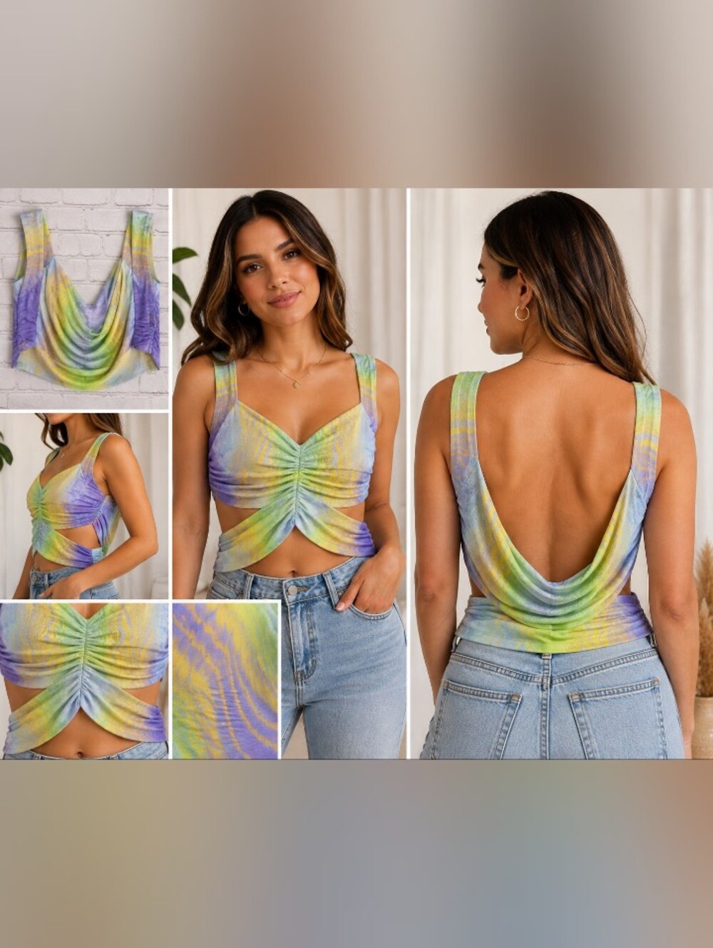 afrm pastel tie dye ruched cutout crop top women's xl nwt